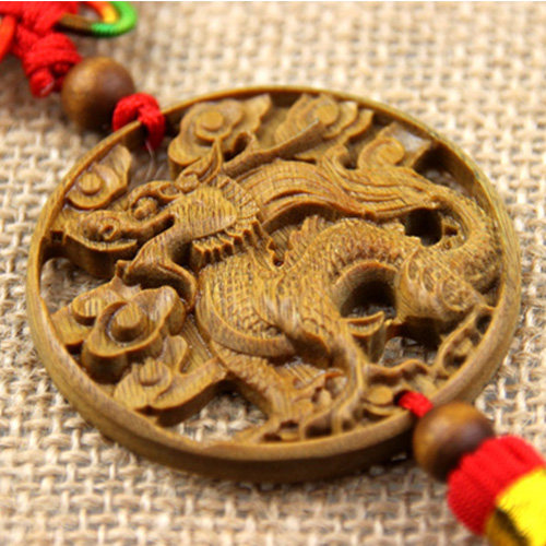 泰山福缘阁桃木木雕龙三子嘲风反光挂件家居饰品
