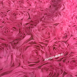 玫红色立体花朵提花盘花装饰DIY布料 披肩伯克利连衣裙设计师面料