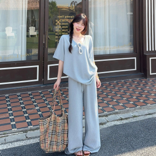慵懒风休闲穿搭套装女2026春夏新款宽松显瘦上衣阔腿裤子两件套装