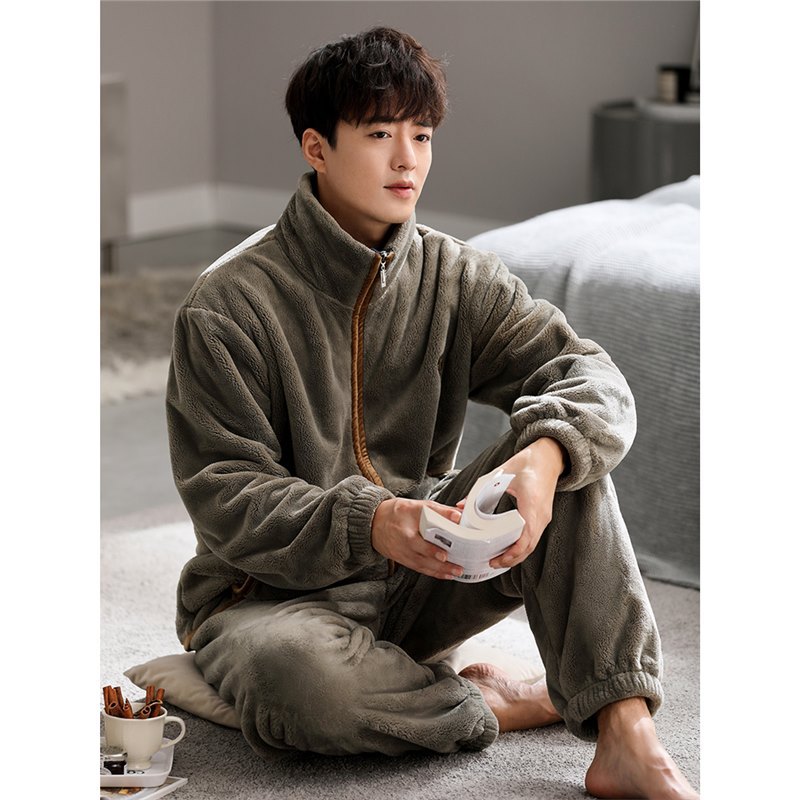 美梦男士睡衣秋冬款冬季法兰绒加绒加厚款保暖珊瑚绒家居服套装