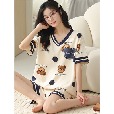 美梦睡衣女夏100%纯棉短袖V领纯棉短裤奶乎乎小熊ins风家居服套装