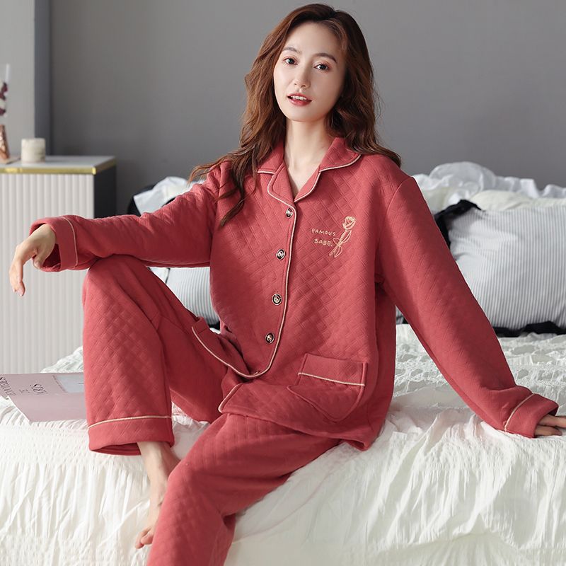 美梦中年妈妈夹层棉睡衣女加厚保暖套装纯棉长袖冬季加大码家居服