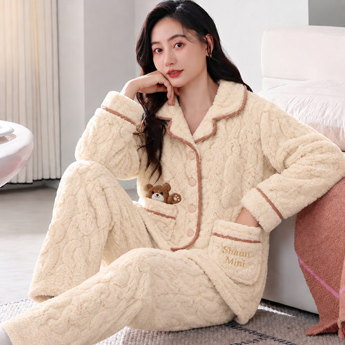 美梦睡衣女甜美可爱开衫冬季法兰绒加绒加厚珊瑚绒保暖大码休闲家