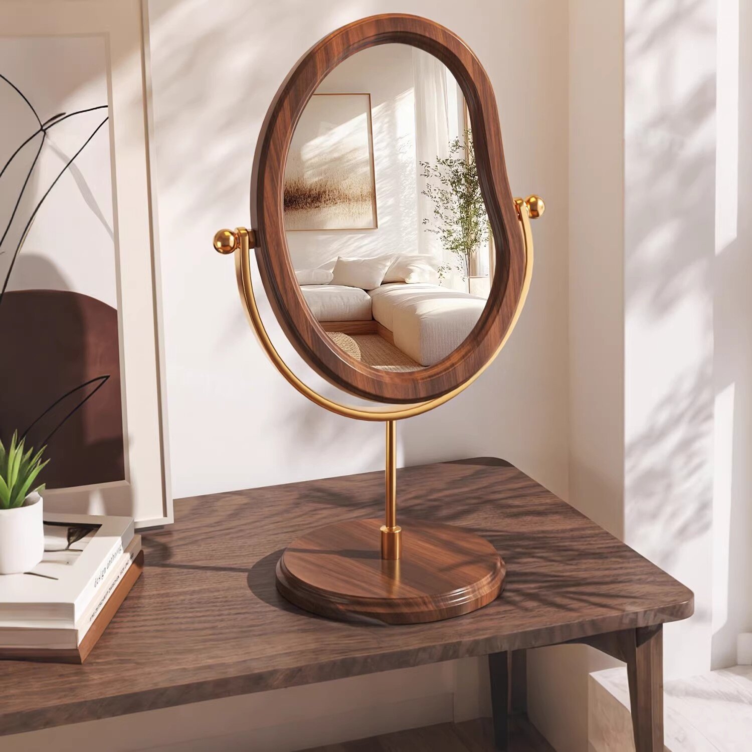 日本进口复古实木镜简约台式化妆镜可旋转卧室桌面大号高清梳妆镜