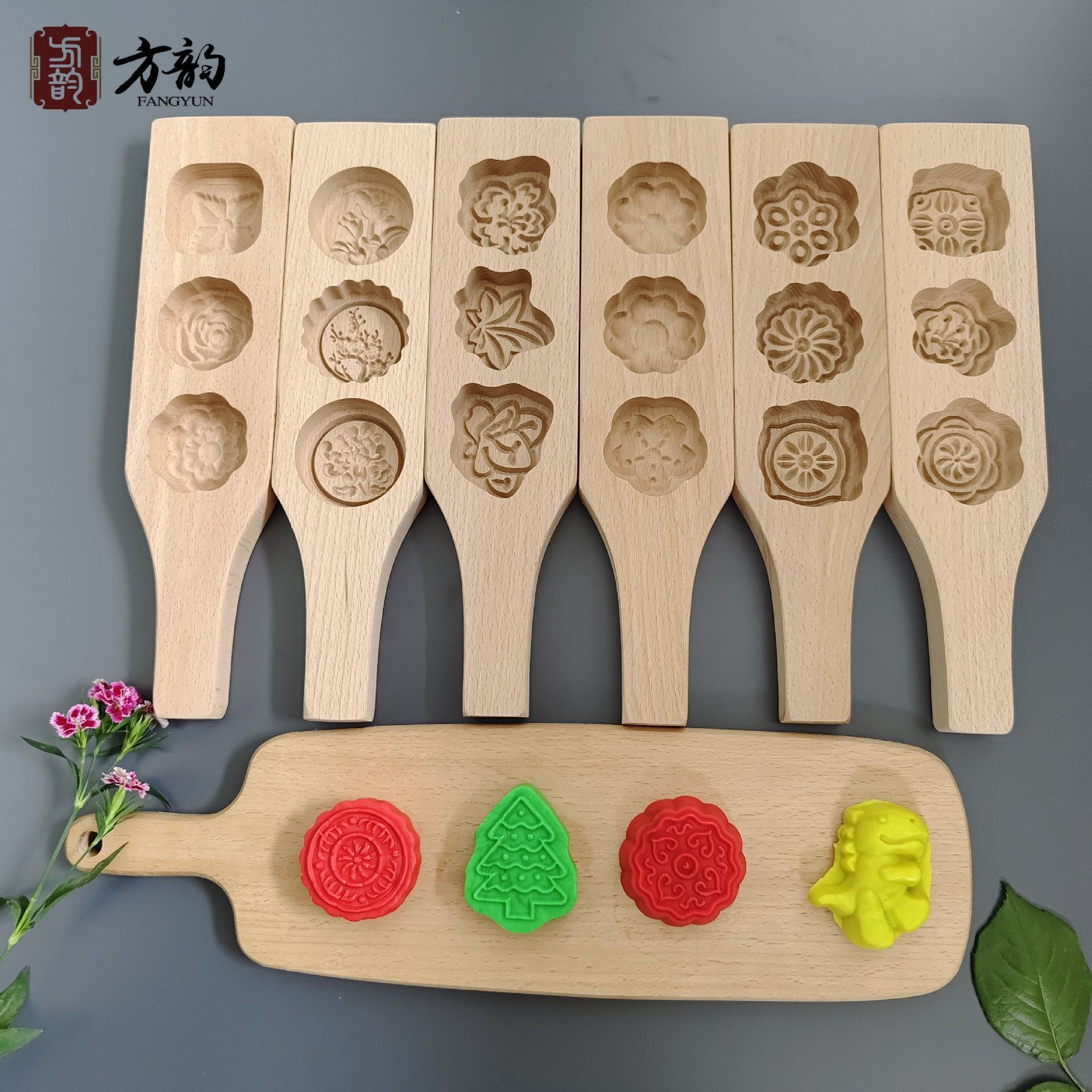 三孔模具木质月饼模具绿豆糕南瓜饼模具面食花样卡通馒头工艺模具