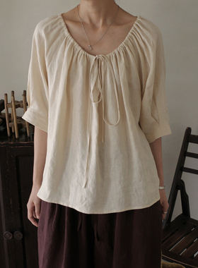 MMCC 高品质进口汉麻 柔和暖杏色 可调节褶皱圆领 短袖套头娃娃衫