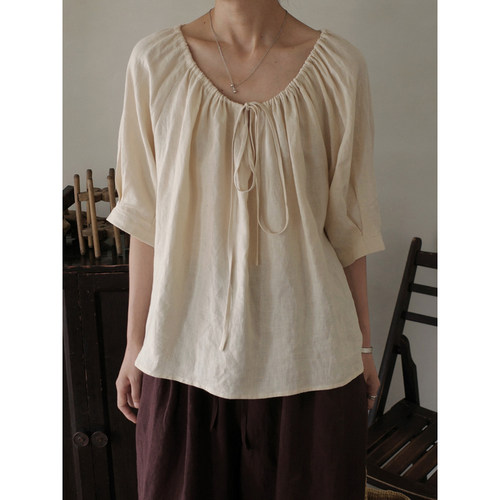 MMCC 高品质进口汉麻 柔和暖杏色 可调节褶皱圆领 短袖套头娃娃衫