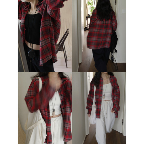 MMCC慵懒风复古红格纹水洗工艺柔软舒适防嗮高级感衬衫外套上衣