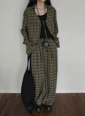 MMCC慵懒风清爽透气复古格纹系绳长袖衬衫+松紧腰阔腿裤