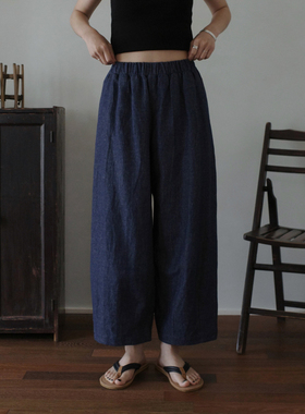 MMCC 自然感特殊纱织 汉麻棉牛仔 松紧腰宽松不挑体型 微弧花苞裤
