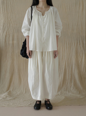 MMCC雾感砂洗通勤衬衫 60支长绒棉四季款 圆领褶皱+扣襻复古上衣