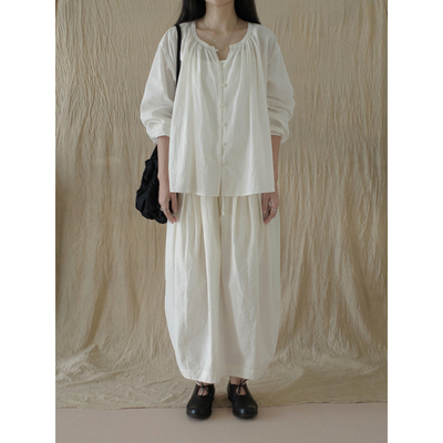 MMCC雾感砂洗通勤衬衫 60支长绒棉四季款 圆领褶皱+扣襻复古上衣