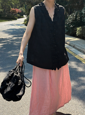 MMCC100%亚麻 水洗高品质 花瓣领两面穿背心无袖衬衫黑色上衣女