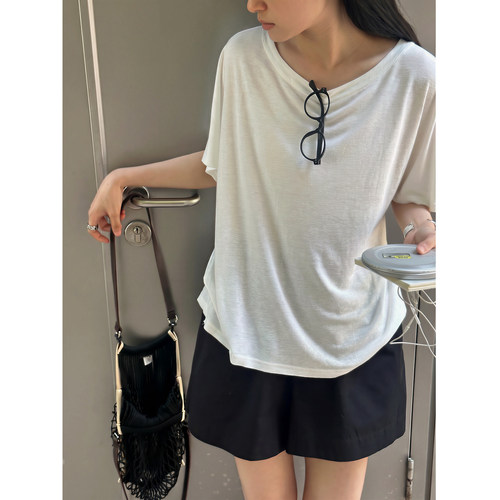 亚麻水洗连肩袖T恤女凉爽透气
