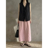 衬衫 花瓣领两面穿背心无袖 黑色上衣女 水洗高品质 MMCC不缩水亚麻