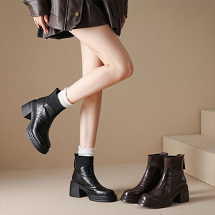 2024年秋冬新款短靴真皮女鞋时尚单鞋厚底脚踝靴粗跟百搭靴子