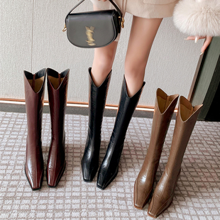 2024年秋冬季新款长靴时尚高筒靴显瘦高跟女鞋尖头女靴及膝中筒靴