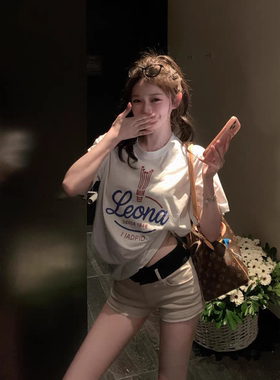 纯棉短袖t恤女夏季2026新款爆款设计感小众美式宽松正肩半袖上衣