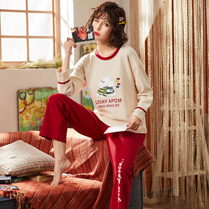 外穿春秋冬季长袖大码睡衣纯棉女全棉少女可爱卡通女士家居服套装