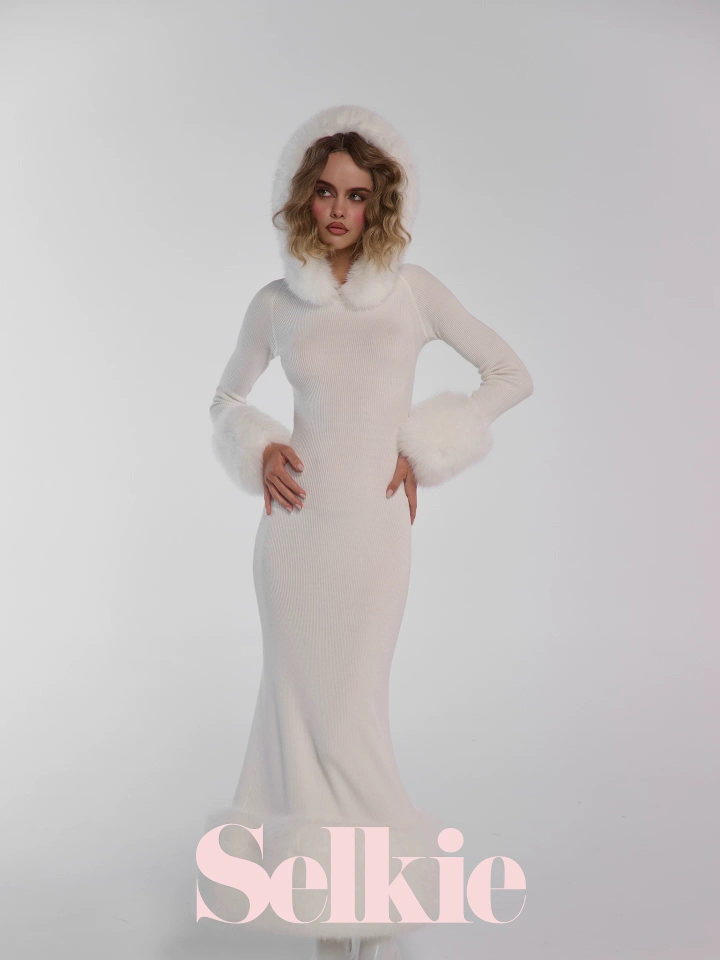 Selkie官方授权雪宝象牙白高弹及踝连衣裙连帽长裙noneofus