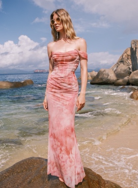 【蓝盈莹同款】Sheer Luck Ariel一字肩褶皱晕染修身包臀连衣裙