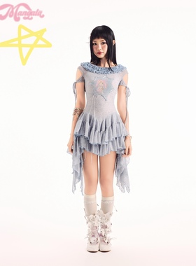 Mangata正品蓝色卡通印花裙不规则裙摆露背收腰短连衣裙