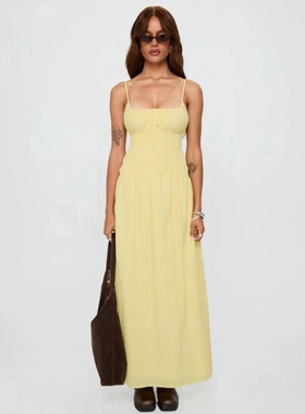 Princess Polly 抽褶黄色条纹Magnolie吊带连衣裙