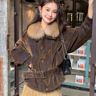 美式复古短款白鹅绒羽绒服女2025冬季水洗做旧可拆卸狐狸毛领外套