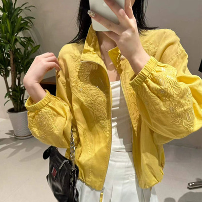 休闲刺绣棉麻外套灯笼袖短款夹克
