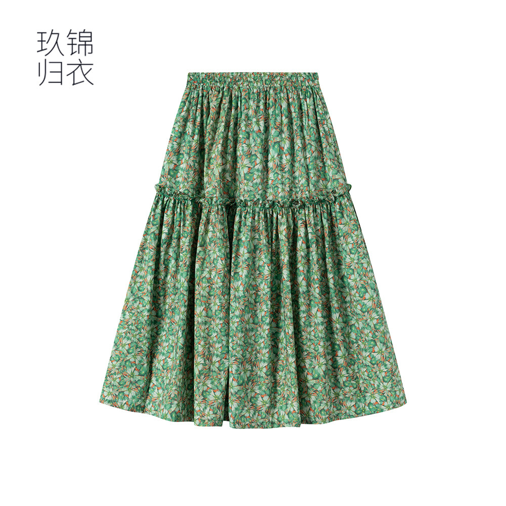 玖锦归衣中长裙女印花法式油画风格纯棉浪漫洋气绿色大花半身裙