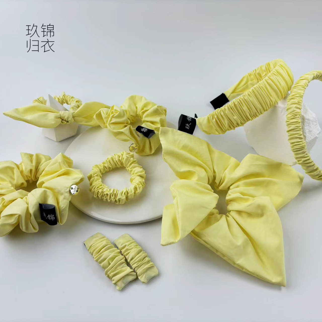 玖锦归衣原创设计布艺发饰纯色发圈发箍发卡欧美风清雅黄0027