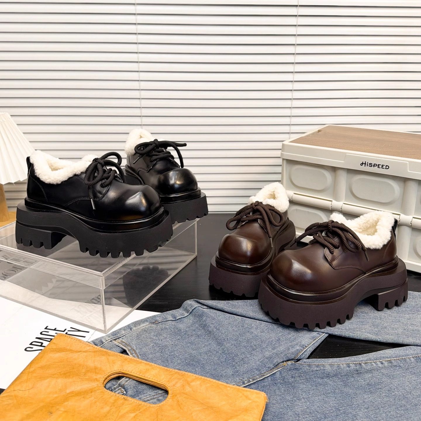 日本OFFCAT8cm真皮加绒大方头厚底小皮鞋女2025新款英伦风乐福鞋