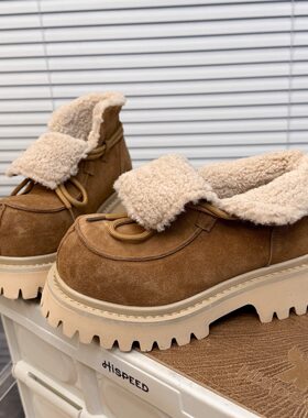日本OFFCAT磨砂牛皮德比大头鞋冬季雪地靴女厚底绑带羊羔毛短靴潮