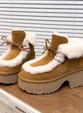 日本OFFCAT7cm磨砂真皮羊毛雪地靴女冬季厚底加绒保暖短靴棉鞋潮