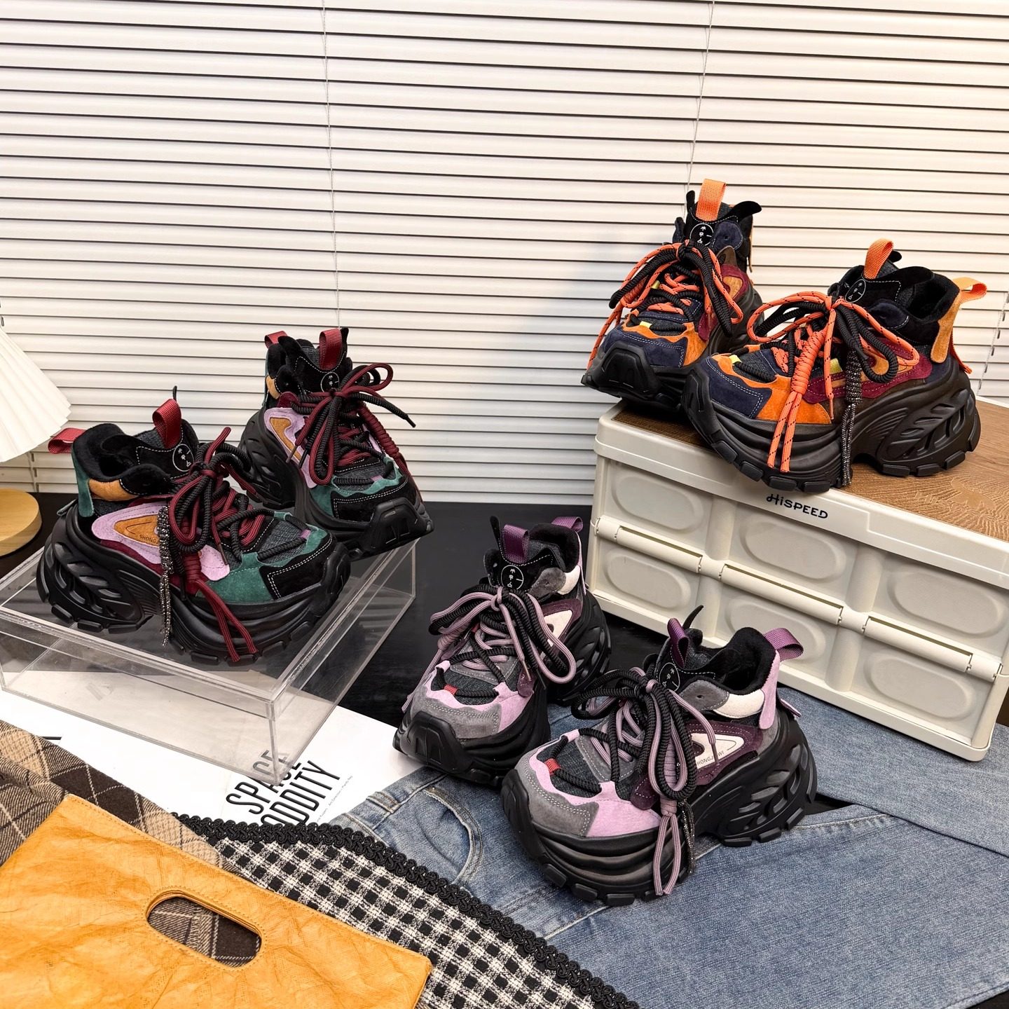 日本OFFCAT8cm磨砂牛皮撞色厚底高帮老爹鞋女冬季加绒休闲运动鞋