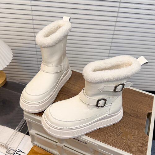 日本OFFCAT真皮松糕厚底皮带扣雪地靴女东北防滑防水保暖马丁短靴