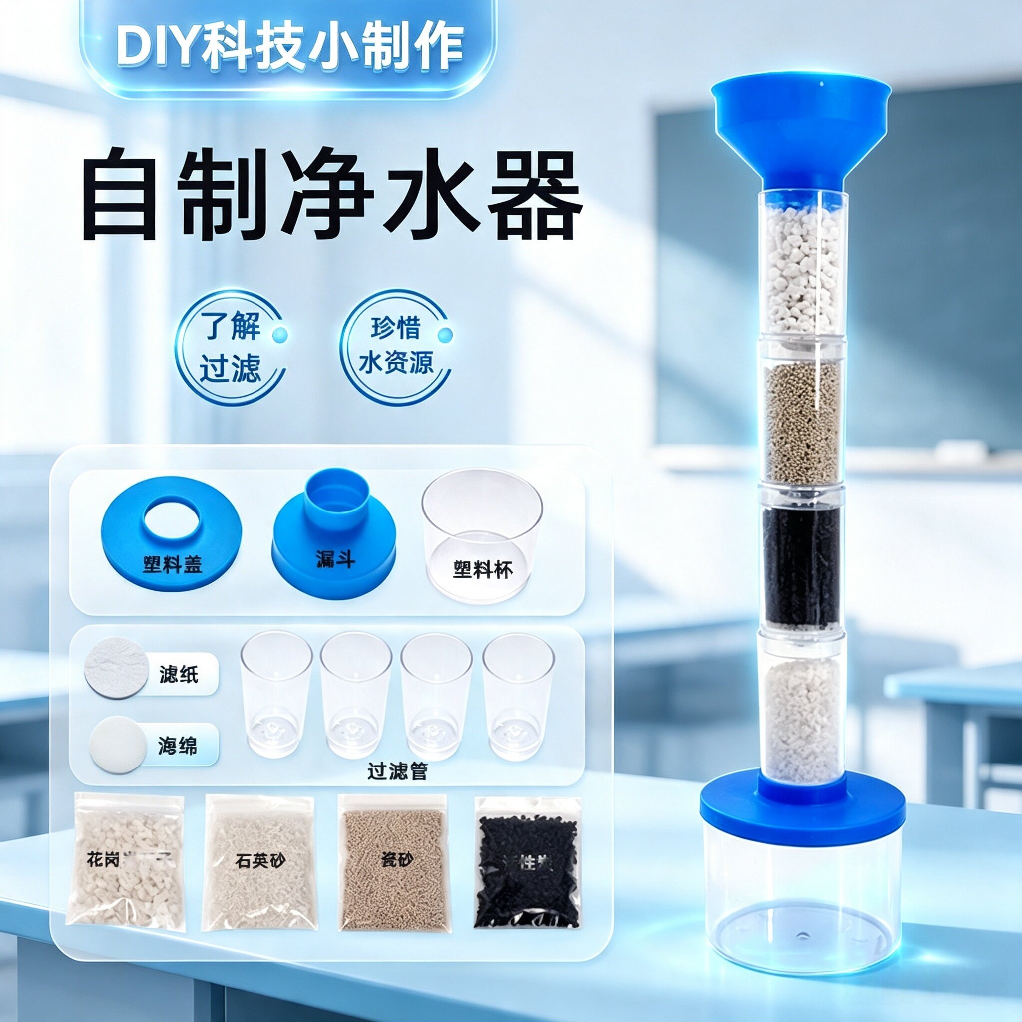 DIY净水器实验材料小学生污水过滤净化系统教具科学环保手工制作