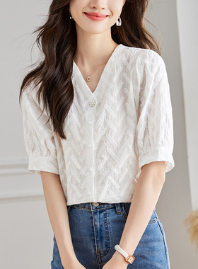V领泡泡袖短袖206年夏季新款白色纯棉V领衬衫上衣