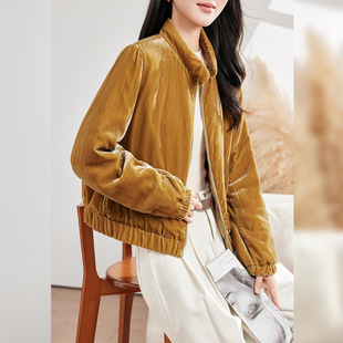 高端真丝丝绒羽绒服外套小个子短款90鹅绒立领保暖宽松休闲女外套