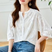 别致宽松纯棉中袖 蕾丝刺绣V领短袖 上衣 新款 法式 衬衫 女2026夏季