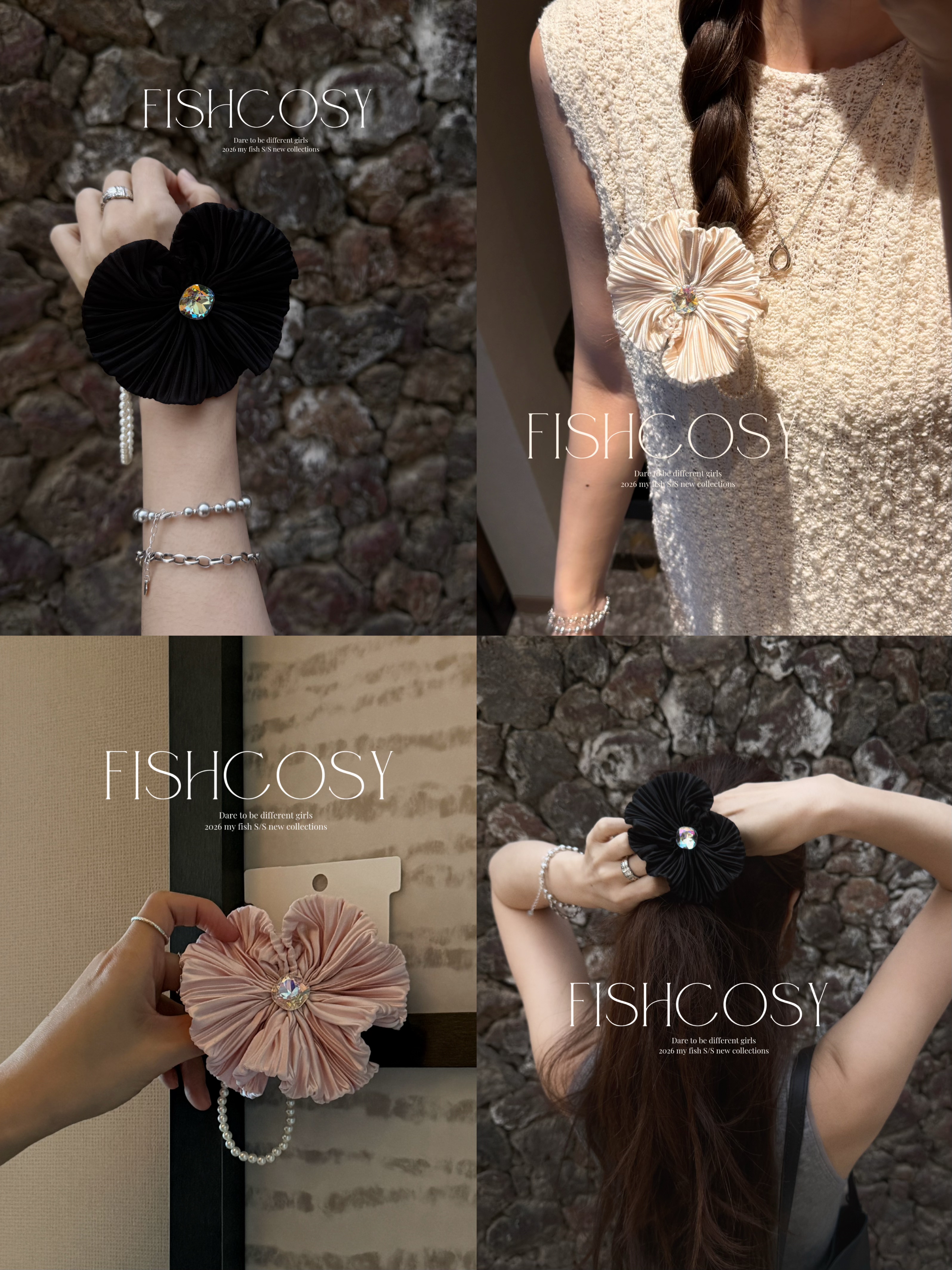 Fishcosy 韩国设计师合作款 褶皱手做花朵 串珠装饰皮筋 超美三色