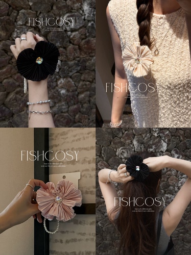 Fishcosy 韩国设计师合作款 褶皱手做花朵 串珠装饰皮筋 超美三色