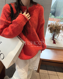 慵懒大气Fishcosy 超显白 新年红色 简洁开扣设计休闲打毛衣