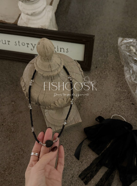 爱心洞石黑色酷感水晶项链 韩国设计师新品My fish 夏威夷人鱼