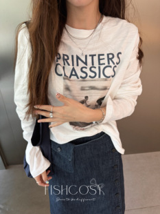 竹节棉字母印花长袖T恤休闲百搭