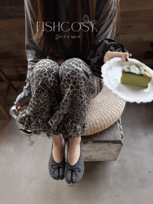 韩国现货！自留豹纹裤 荷叶边松紧腰休闲裤 薄款卫裤My fish