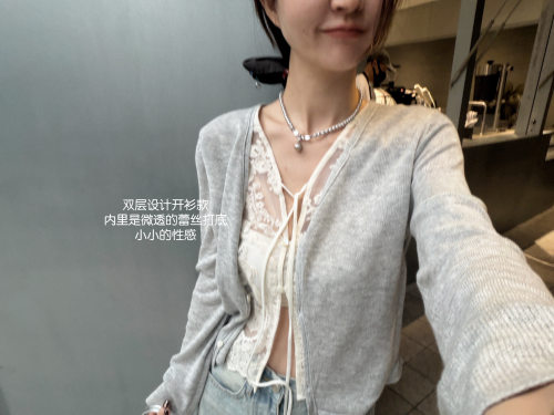 韩国新品！微透蕾丝 拼接假两件长袖绑带开衫 小性感亲肤 My fish