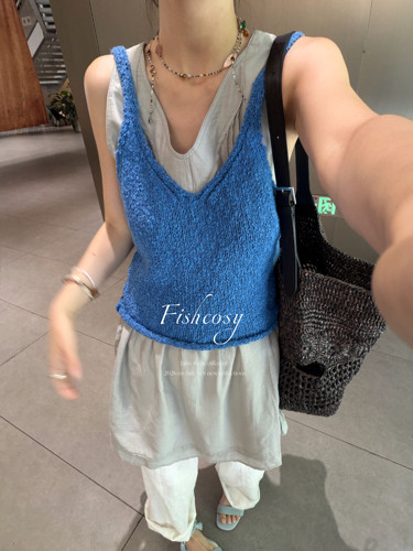 冷灰丝绸感背心裙 Fishcosy韩国新品 清凉V领气质连衣裙 叠穿超美