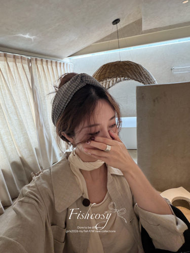 Fishcosy 韩国定制 复古格子扭结设计显发量宽发箍 不勒头超舒服