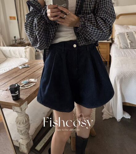 Fishcosy 超级热卖花边4分牛仔阔腿短裤鱼鱼自留韩国货 特价不退
